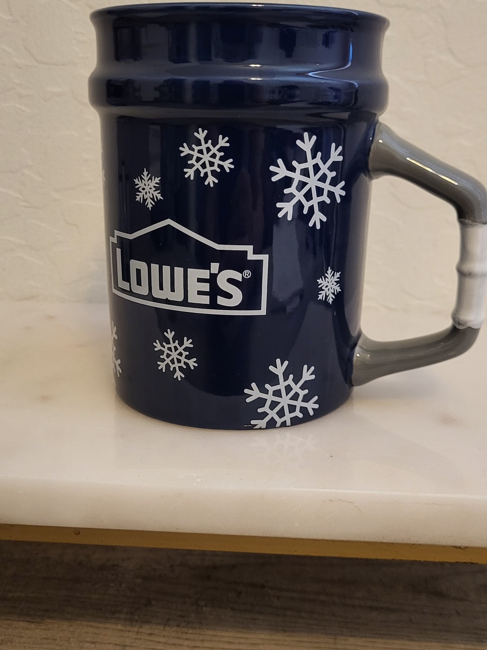 Lowes Bucket Navy Blue Snowflake Ceramic Mug